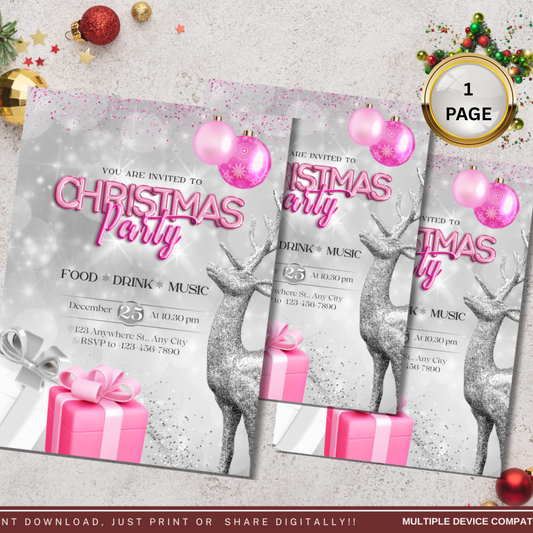 Pink Silver Christmas Party Invitation, Modern Holiday Invite, Festive Celebration Card, Trendy Xmas Event Decor, Stylish Winter Party Decor