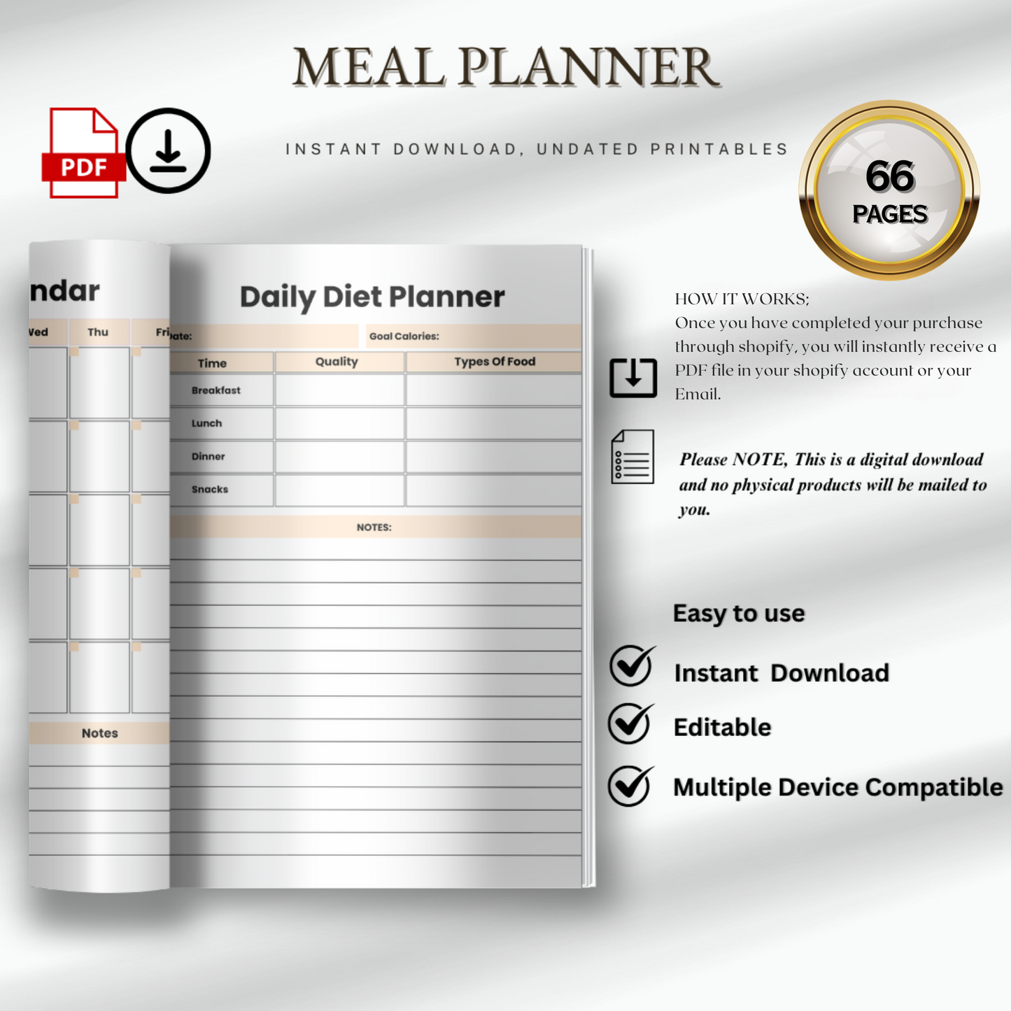 Meal Planner Notebook, Weekly Menu Organizer, Food Journal, Diet Tracker, Kitchen Planner, Recipe Binder, Nutrition Planner, Daily Food Log