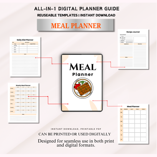 Meal Planner Notebook, Weekly Menu Organizer, Food Journal, Diet Tracker, Kitchen Planner, Recipe Binder, Nutrition Planner, Daily Food Log