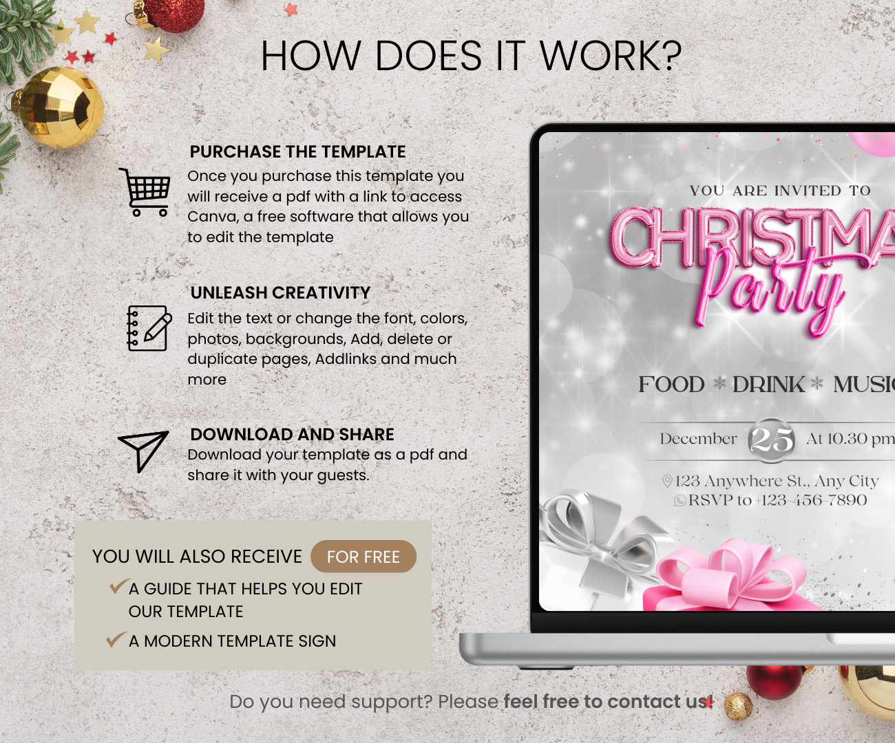 Pink Silver Christmas Party Invitation, Modern Holiday Invite, Festive Celebration Card, Trendy Xmas Event Decor, Stylish Winter Party Decor