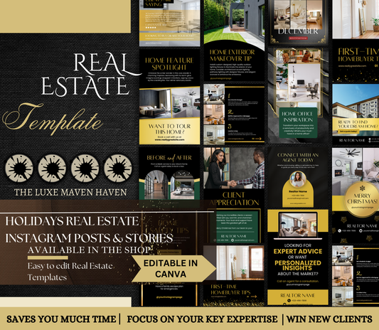 Holiday Real Estate Instagram Post Templates | Canva Realtor Social Media Pack | Christmas, New Year, Seasonal Marketing