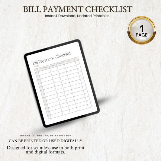 Minimalist Bill Payment Checklist Tracker, Finance Organizer, Money Management Tool, Budget Planner